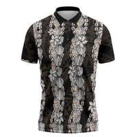 Black and Beige Hawaii Shell Lei Zipper Polo Shirt Hawaiian Sunrise Shell Hebrew Cone Plumeria - Polynesian Pride