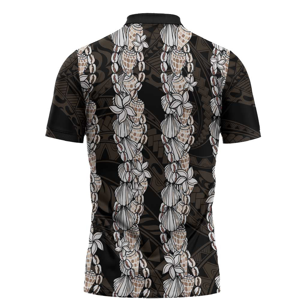Black and Beige Hawaii Shell Lei Zipper Polo Shirt Hawaiian Sunrise Shell Hebrew Cone Plumeria - Polynesian Pride