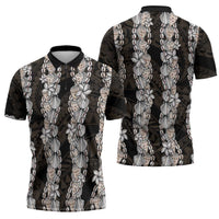 Black and Beige Hawaii Shell Lei Zipper Polo Shirt Hawaiian Sunrise Shell Hebrew Cone Plumeria - Polynesian Pride