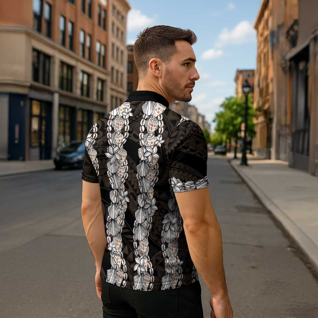Black and Beige Hawaii Shell Lei Zipper Polo Shirt Hawaiian Sunrise Shell Hebrew Cone Plumeria - Polynesian Pride