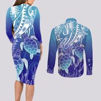 Polynesia Sea Turtle Couples Matching Long Sleeve Bodycon Dress and Long Sleeve Button Shirt Happy Valentine Day Polynesian - Dark Cyan LT14 - Polynesian Pride