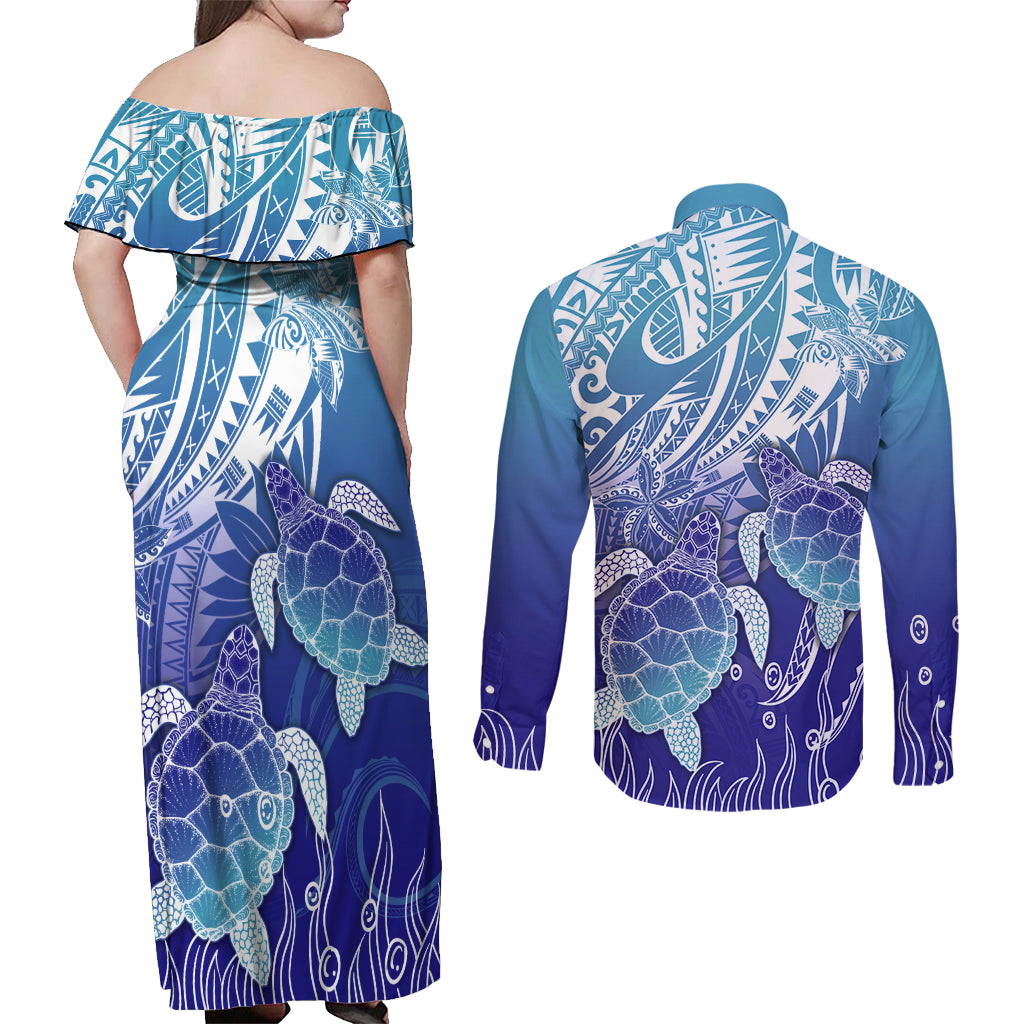 Polynesia Sea Turtle Couples Matching Off Shoulder Maxi Dress and Long Sleeve Button Shirt Happy Valentine Day Polynesian - Dark Cyan LT14 - Polynesian Pride