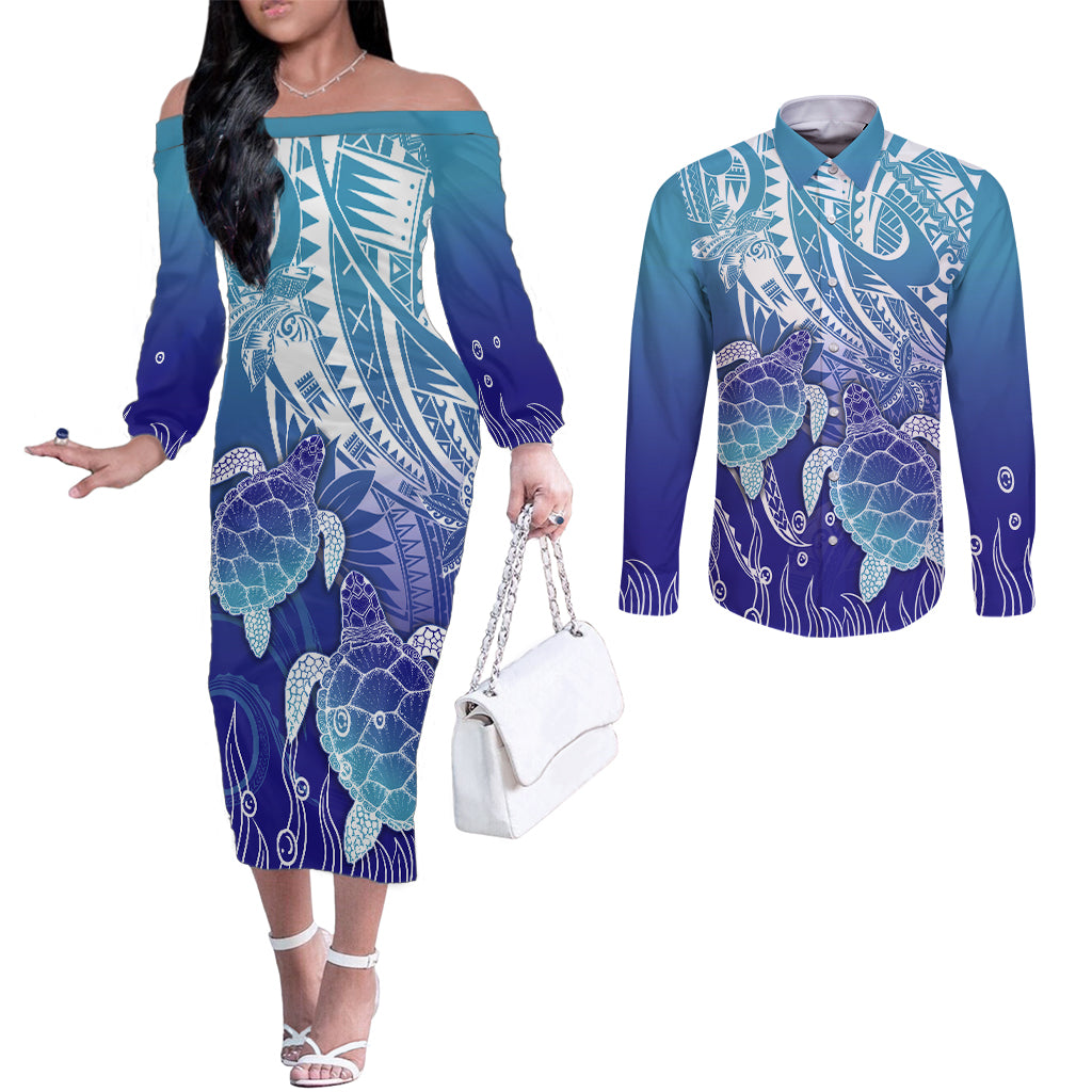 Polynesia Sea Turtle Couples Matching Off The Shoulder Long Sleeve Dress and Long Sleeve Button Shirt Happy Valentine Day Polynesian - Dark Cyan LT14 Dark Cyan - Polynesian Pride