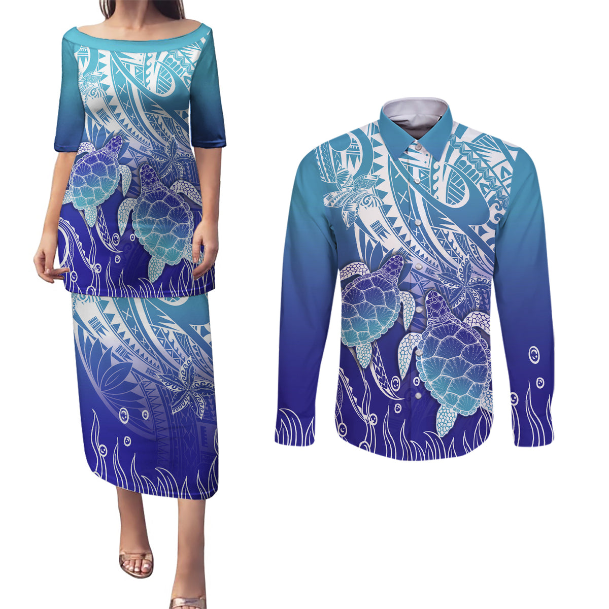 Polynesia Sea Turtle Couples Matching Puletasi Dress and Long Sleeve Button Shirt Happy Valentine Day Polynesian - Dark Cyan LT14 Dark Cyan - Polynesian Pride