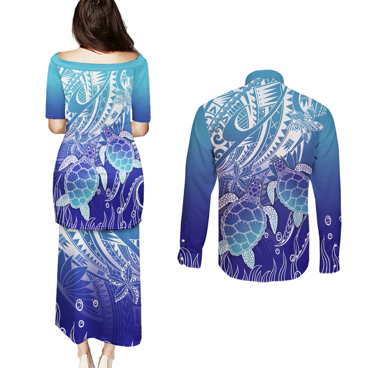 Polynesia Sea Turtle Couples Matching Puletasi Dress and Long Sleeve Button Shirt Happy Valentine Day Polynesian - Dark Cyan LT14 - Polynesian Pride