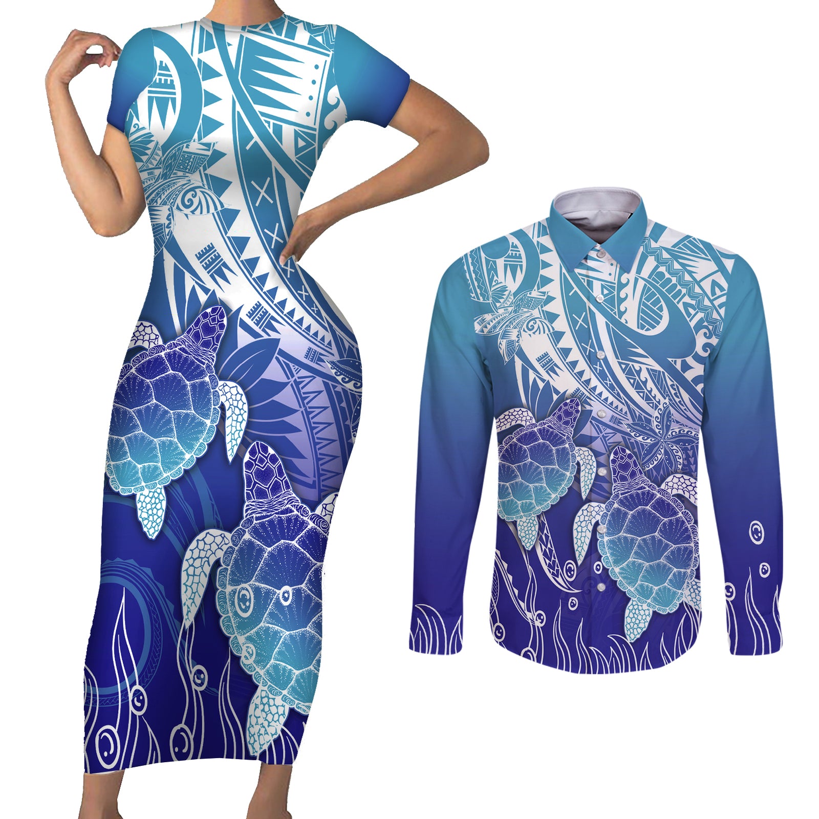Polynesia Sea Turtle Couples Matching Short Sleeve Bodycon Dress and Long Sleeve Button Shirt Happy Valentine Day Polynesian - Dark Cyan LT14 Dark Cyan - Polynesian Pride