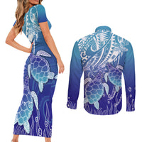 Polynesia Sea Turtle Couples Matching Short Sleeve Bodycon Dress and Long Sleeve Button Shirt Happy Valentine Day Polynesian - Dark Cyan LT14 - Polynesian Pride