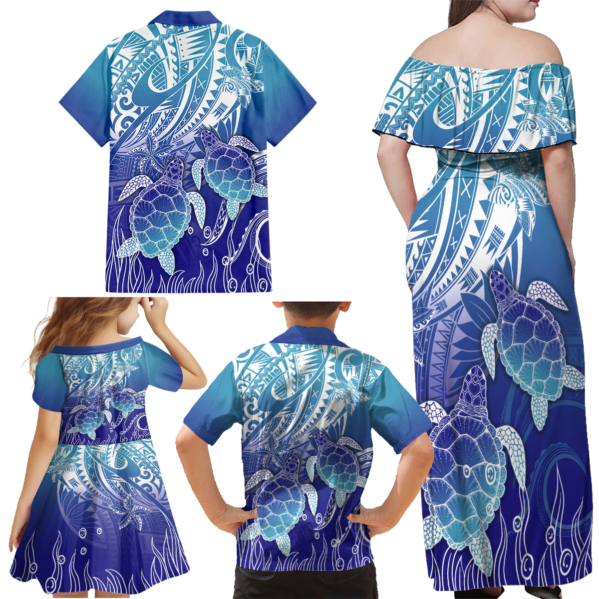 Polynesia Sea Turtle Family Matching Off Shoulder Maxi Dress and Hawaiian Shirt Happy Valentine Day Polynesian - Dark Cyan LT14 - Polynesian Pride