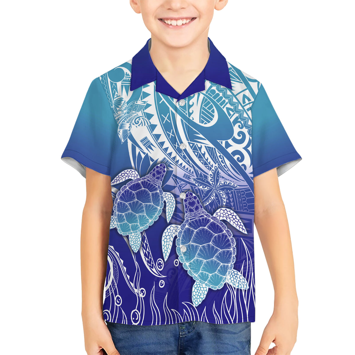 Polynesia Sea Turtle Family Matching Short Sleeve Bodycon Dress and Hawaiian Shirt Happy Valentine Day Polynesian - Dark Cyan LT14 Son's Shirt Dark Cyan - Polynesian Pride