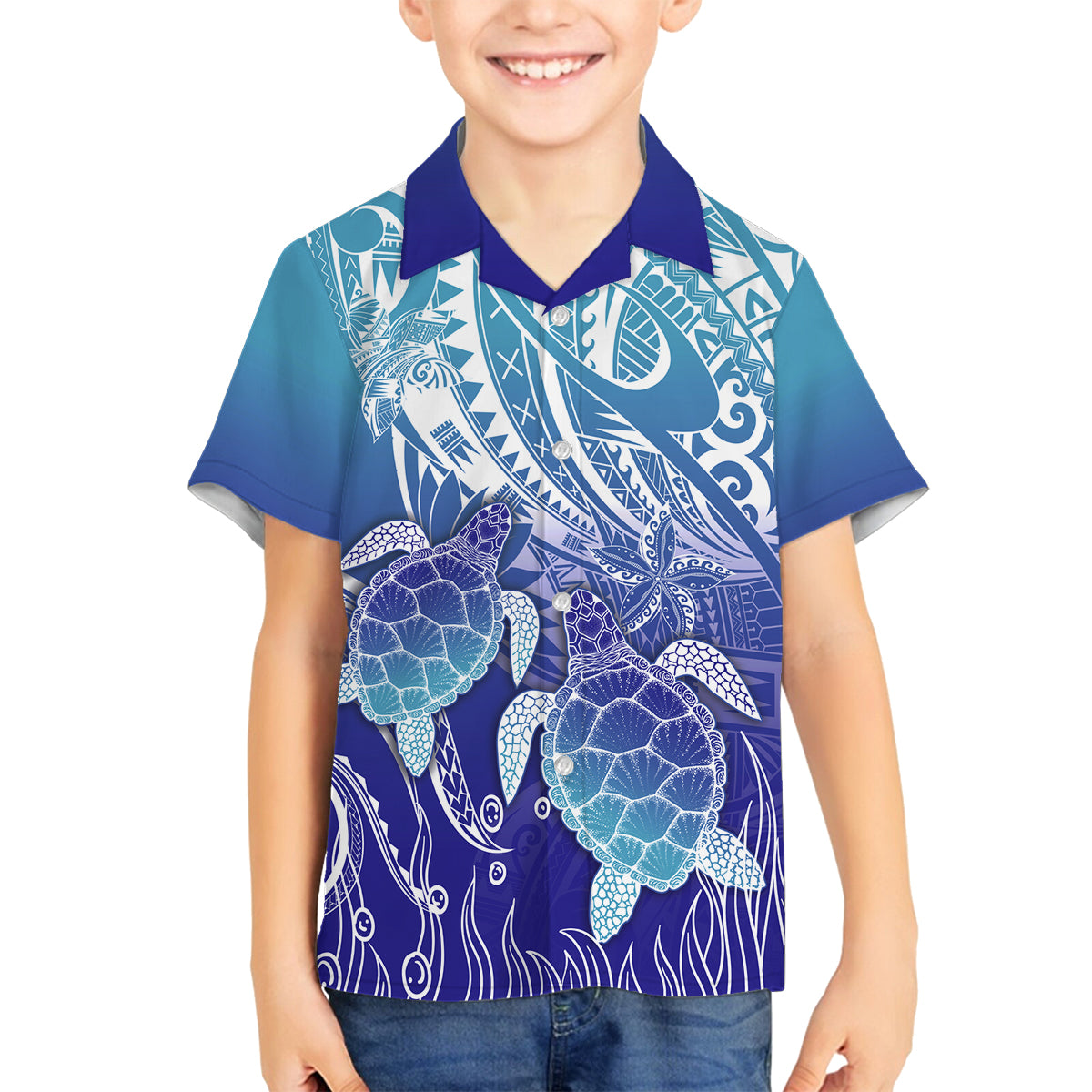 Polynesia Sea Turtle Family Matching Summer Maxi Dress and Hawaiian Shirt Happy Valentine Day Polynesian - Dark Cyan LT14 Son's Shirt Dark Cyan - Polynesian Pride