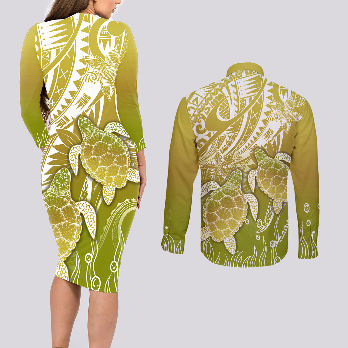 Polynesia Sea Turtle Couples Matching Long Sleeve Bodycon Dress and Long Sleeve Button Shirt Happy Valentine Day Polynesian - Gold LT14 - Polynesian Pride