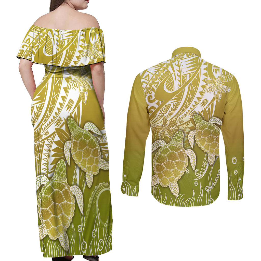 Polynesia Sea Turtle Couples Matching Off Shoulder Maxi Dress and Long Sleeve Button Shirt Happy Valentine Day Polynesian - Gold LT14 - Polynesian Pride