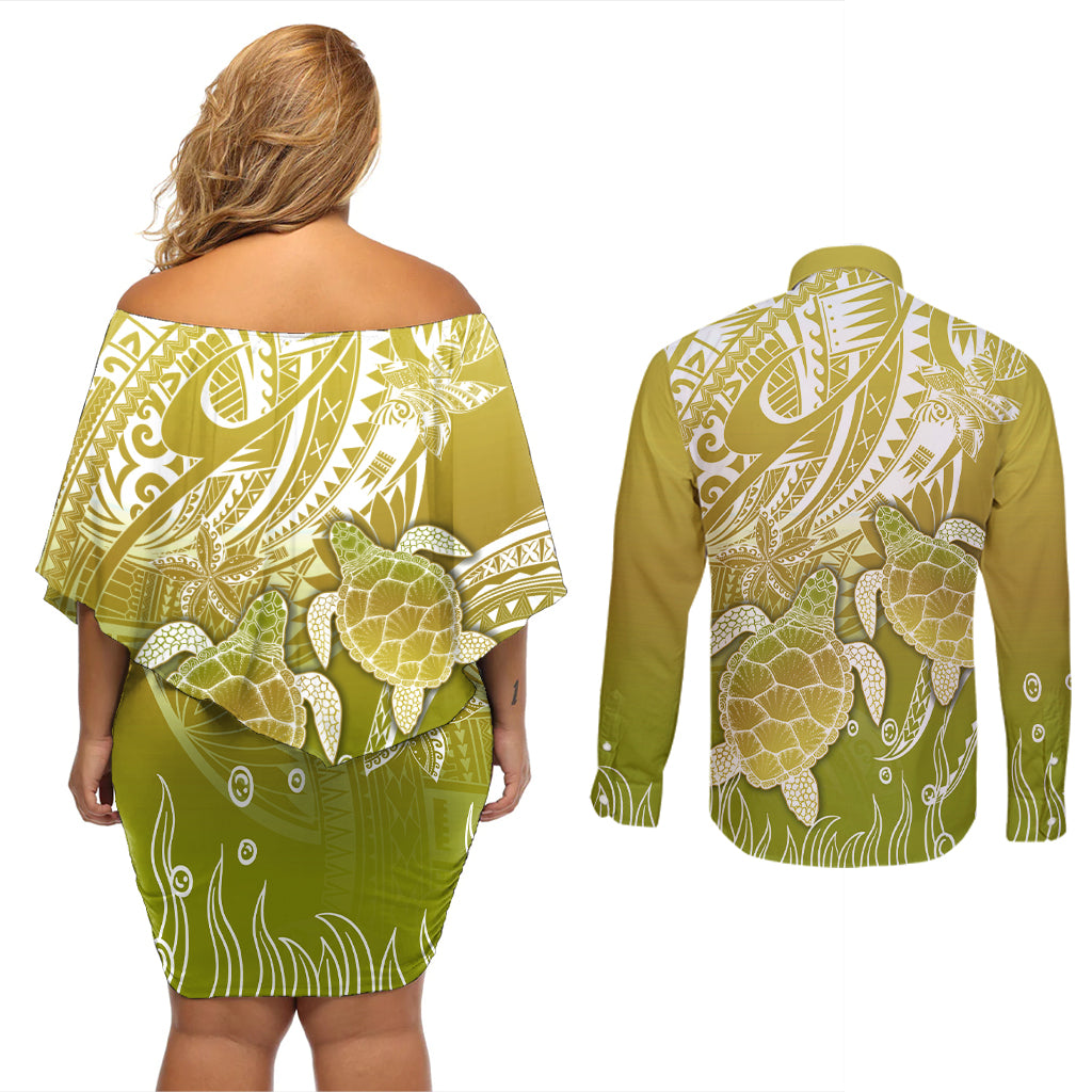Polynesia Sea Turtle Couples Matching Off Shoulder Short Dress and Long Sleeve Button Shirt Happy Valentine Day Polynesian - Gold LT14 - Polynesian Pride