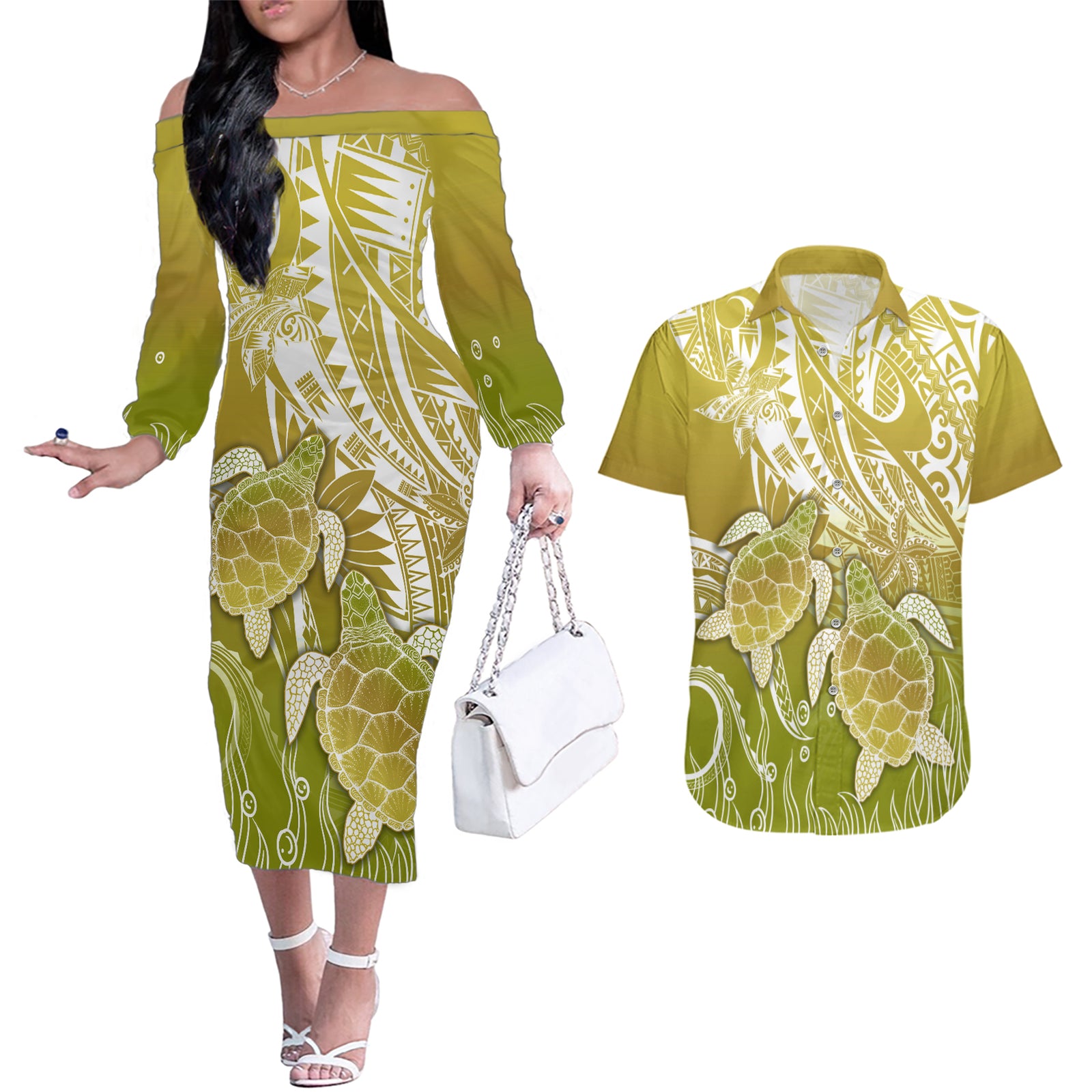 Polynesia Sea Turtle Couples Matching Off The Shoulder Long Sleeve Dress and Hawaiian Shirt Happy Valentine Day Polynesian - Gold LT14 Gold - Polynesian Pride