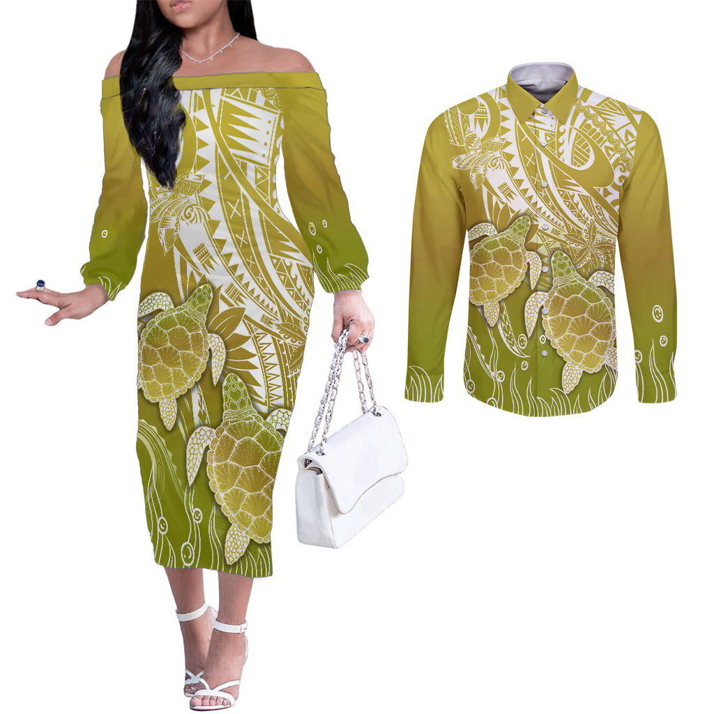 Polynesia Sea Turtle Couples Matching Off The Shoulder Long Sleeve Dress and Long Sleeve Button Shirt Happy Valentine Day Polynesian - Gold LT14 Gold - Polynesian Pride