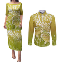Polynesia Sea Turtle Couples Matching Puletasi Dress and Long Sleeve Button Shirt Happy Valentine Day Polynesian - Gold LT14 Gold - Polynesian Pride