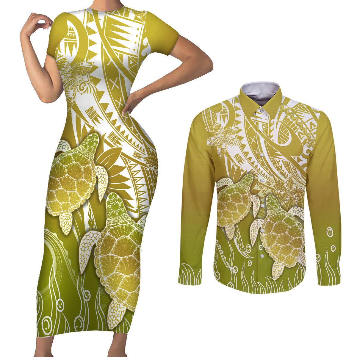 Polynesia Sea Turtle Couples Matching Short Sleeve Bodycon Dress and Long Sleeve Button Shirt Happy Valentine Day Polynesian - Gold LT14 Gold - Polynesian Pride