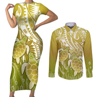 Polynesia Sea Turtle Couples Matching Short Sleeve Bodycon Dress and Long Sleeve Button Shirt Happy Valentine Day Polynesian - Gold LT14 Gold - Polynesian Pride