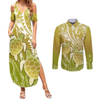Polynesia Sea Turtle Couples Matching Summer Maxi Dress and Long Sleeve Button Shirt Happy Valentine Day Polynesian - Gold LT14 Gold - Polynesian Pride