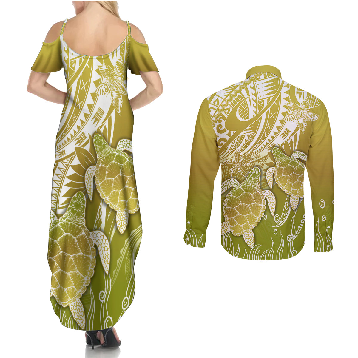 Polynesia Sea Turtle Couples Matching Summer Maxi Dress and Long Sleeve Button Shirt Happy Valentine Day Polynesian - Gold LT14 - Polynesian Pride