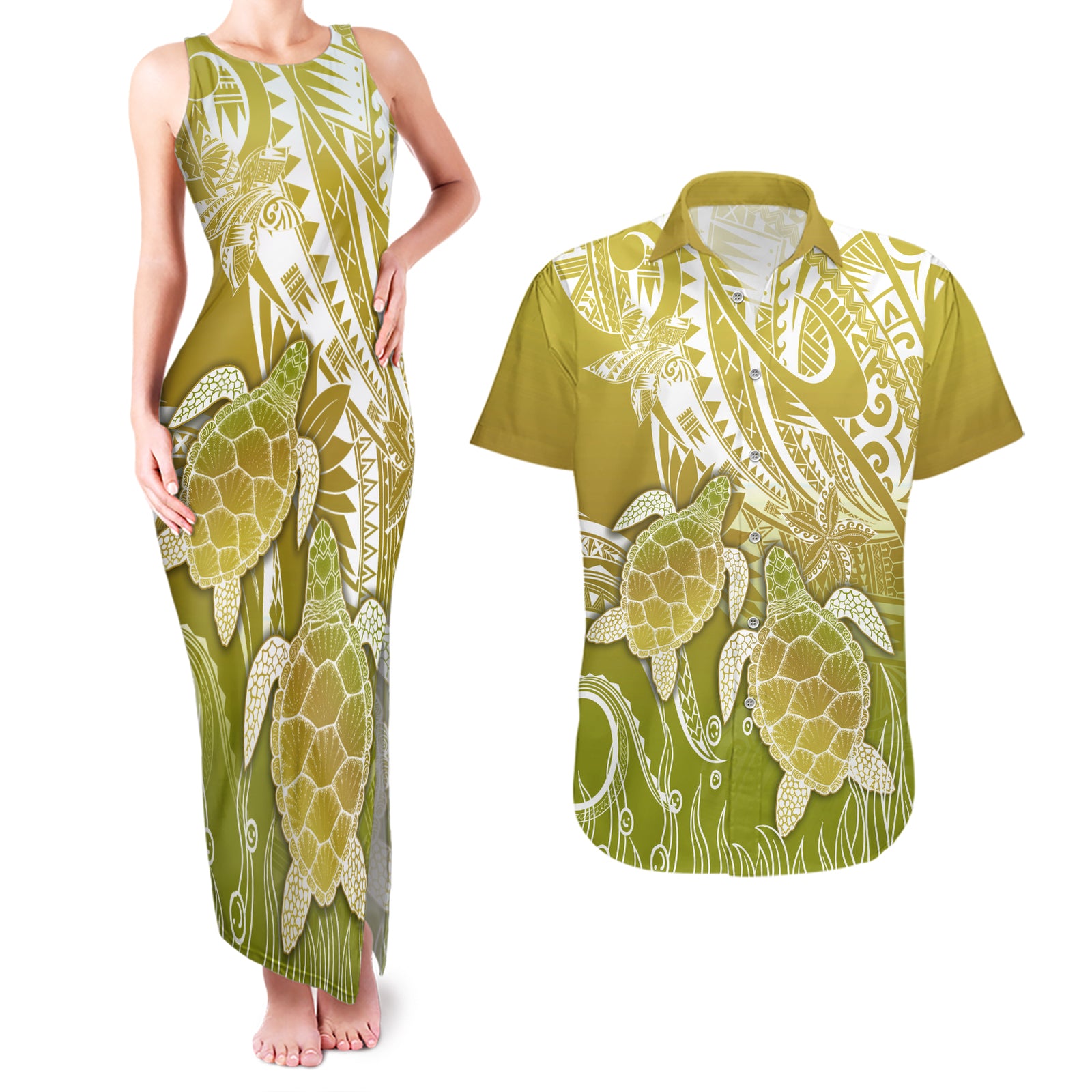 Polynesia Sea Turtle Couples Matching Tank Maxi Dress and Hawaiian Shirt Happy Valentine Day Polynesian - Gold LT14 Gold - Polynesian Pride