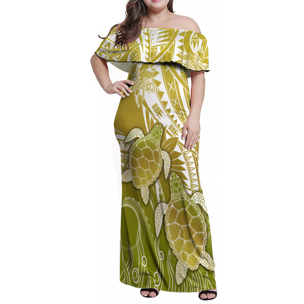 Polynesia Sea Turtle Family Matching Off Shoulder Maxi Dress and Hawaiian Shirt Happy Valentine Day Polynesian - Gold LT14 Mom's Dress Gold - Polynesian Pride
