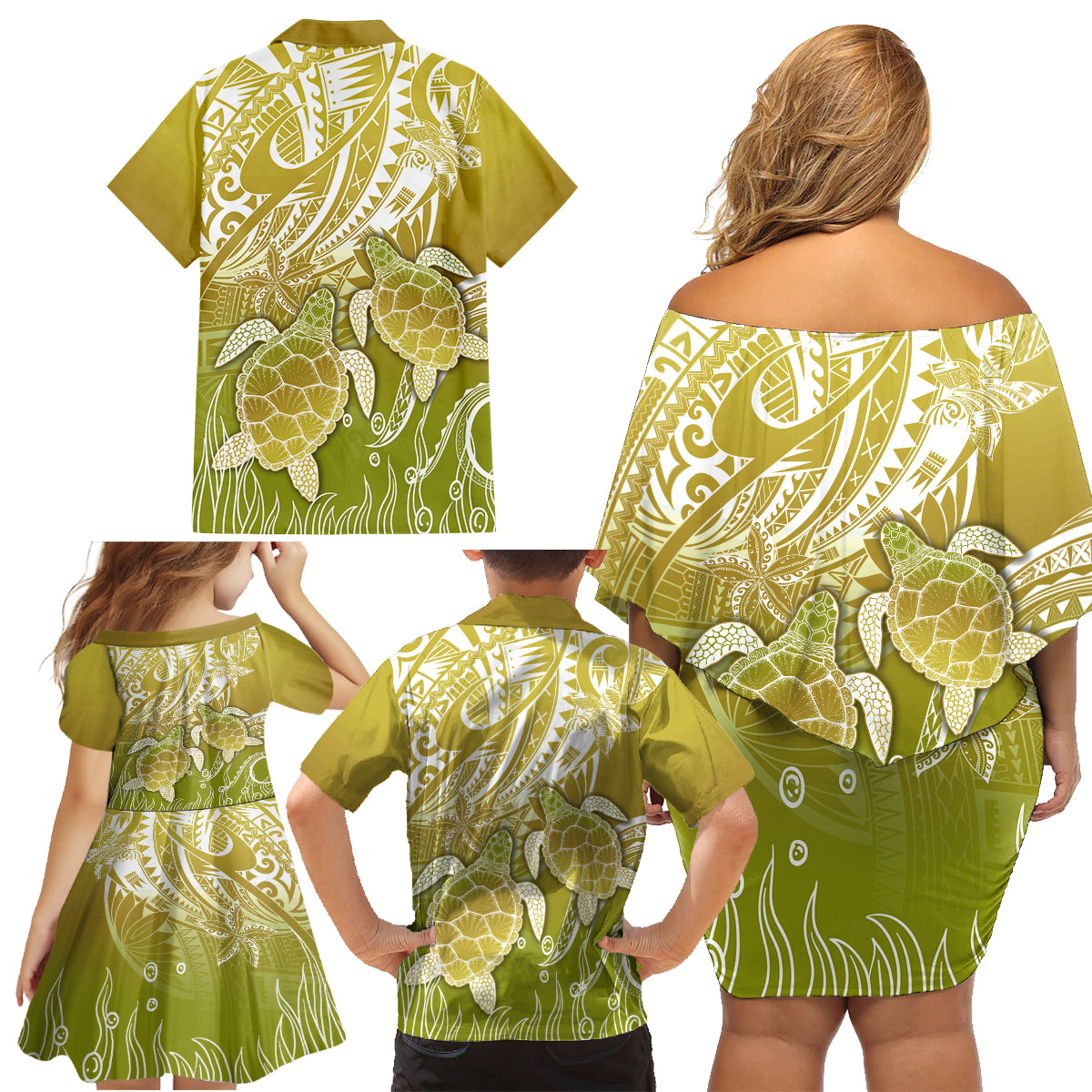 Polynesia Sea Turtle Family Matching Off Shoulder Short Dress and Hawaiian Shirt Happy Valentine Day Polynesian - Gold LT14 - Polynesian Pride