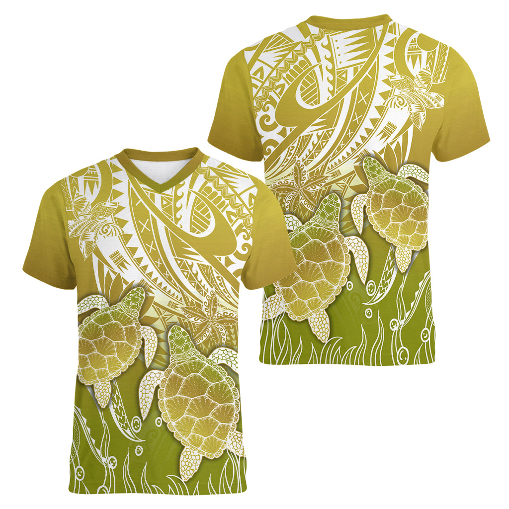 Polynesia Sea Turtle Women V Neck T Shirt Happy Valentine Day Polynesian - Gold LT14 - Polynesian Pride