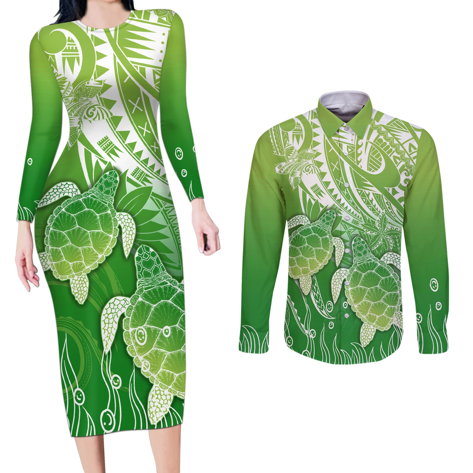 Polynesia Sea Turtle Couples Matching Long Sleeve Bodycon Dress and Long Sleeve Button Shirt Happy Valentine Day Polynesian - Green LT14 Green - Polynesian Pride