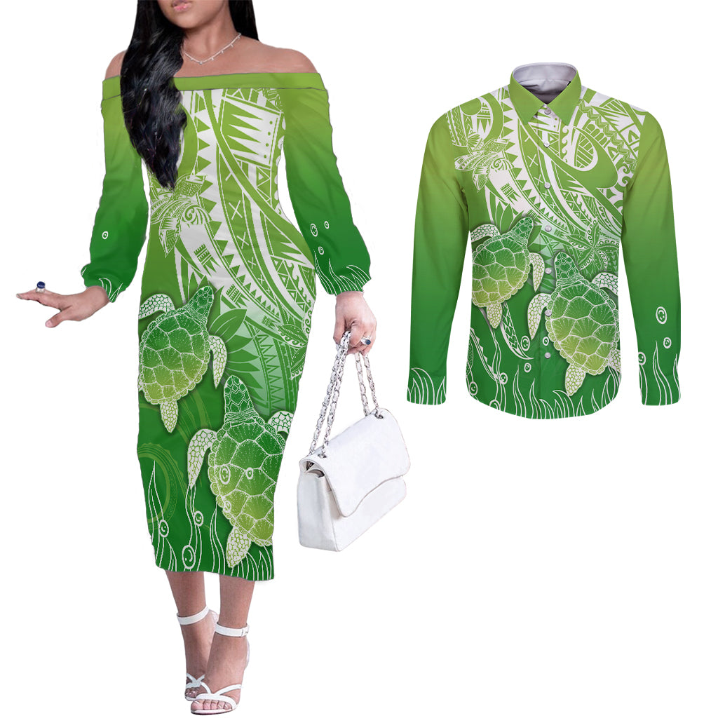 Polynesia Sea Turtle Couples Matching Off The Shoulder Long Sleeve Dress and Long Sleeve Button Shirt Happy Valentine Day Polynesian - Green LT14 Green - Polynesian Pride