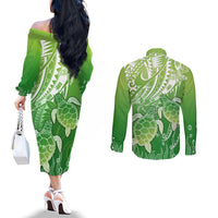 Polynesia Sea Turtle Couples Matching Off The Shoulder Long Sleeve Dress and Long Sleeve Button Shirt Happy Valentine Day Polynesian - Green LT14 - Polynesian Pride