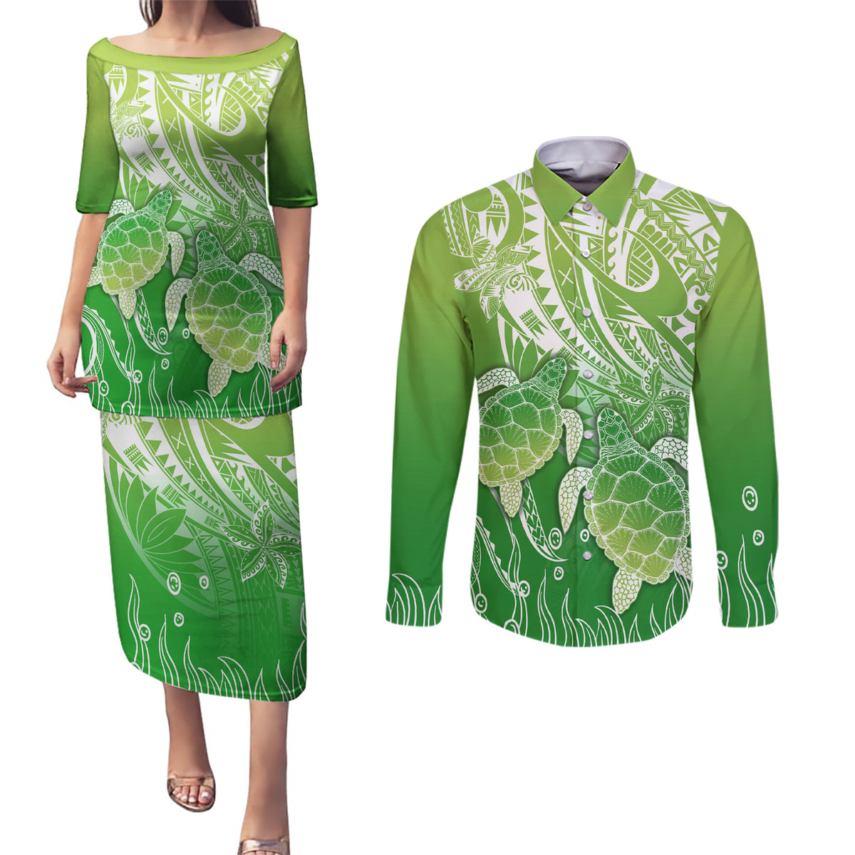Polynesia Sea Turtle Couples Matching Puletasi Dress and Long Sleeve Button Shirt Happy Valentine Day Polynesian - Green LT14 Green - Polynesian Pride