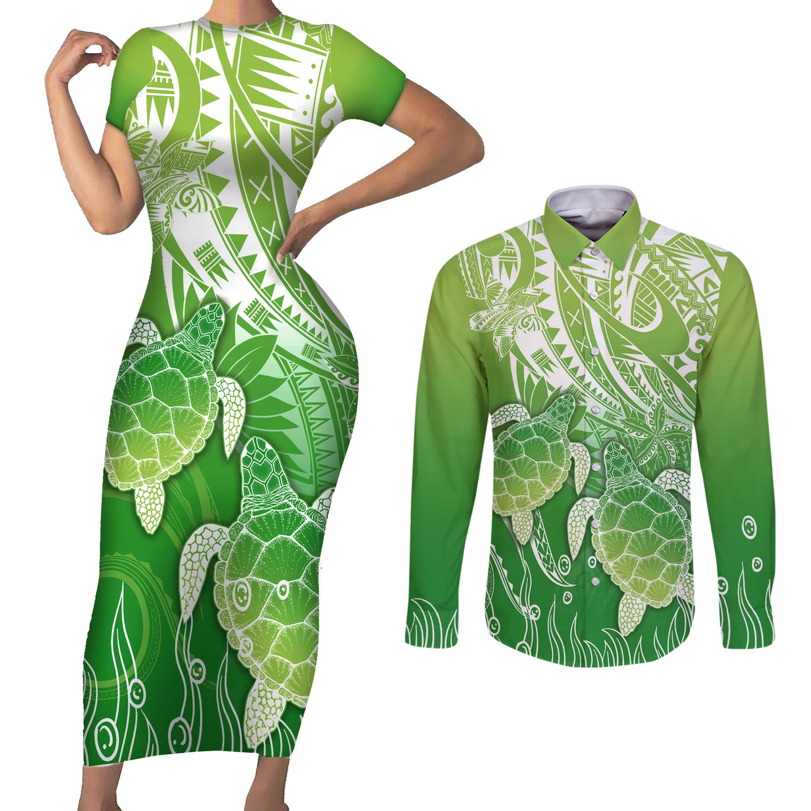 Polynesia Sea Turtle Couples Matching Short Sleeve Bodycon Dress and Long Sleeve Button Shirt Happy Valentine Day Polynesian - Green LT14 Green - Polynesian Pride