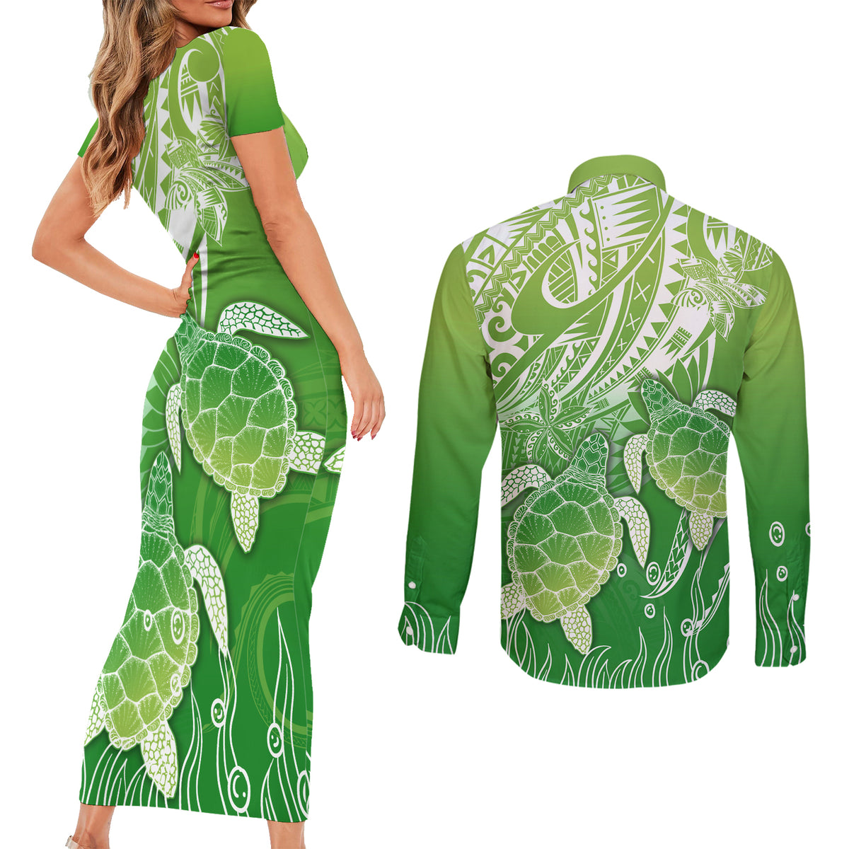 Polynesia Sea Turtle Couples Matching Short Sleeve Bodycon Dress and Long Sleeve Button Shirt Happy Valentine Day Polynesian - Green LT14 - Polynesian Pride