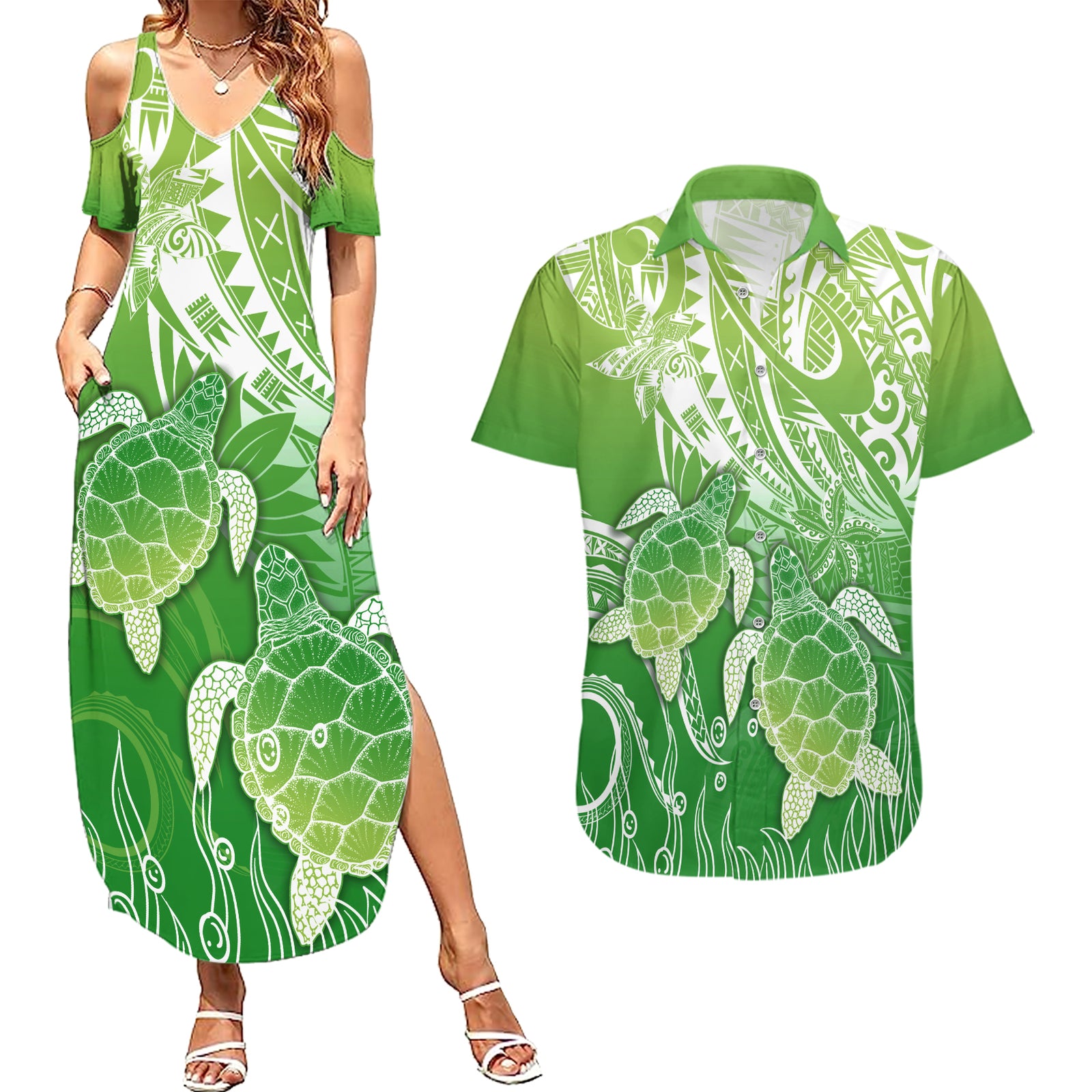 Polynesia Sea Turtle Couples Matching Summer Maxi Dress and Hawaiian Shirt Happy Valentine Day Polynesian - Green LT14 Green - Polynesian Pride