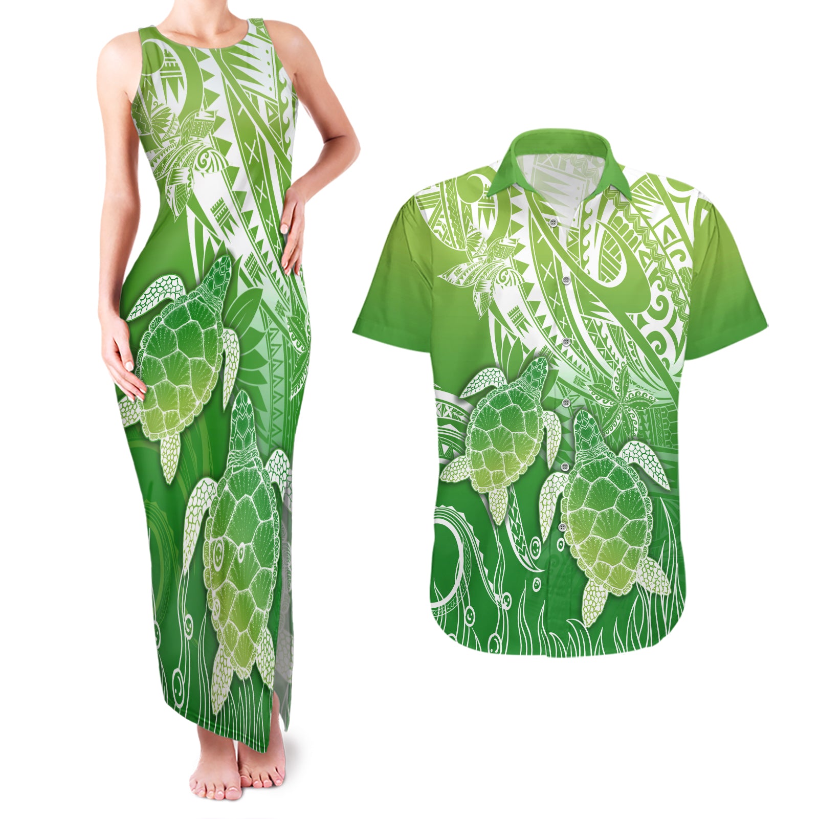 Polynesia Sea Turtle Couples Matching Tank Maxi Dress and Hawaiian Shirt Happy Valentine Day Polynesian - Green LT14 Green - Polynesian Pride
