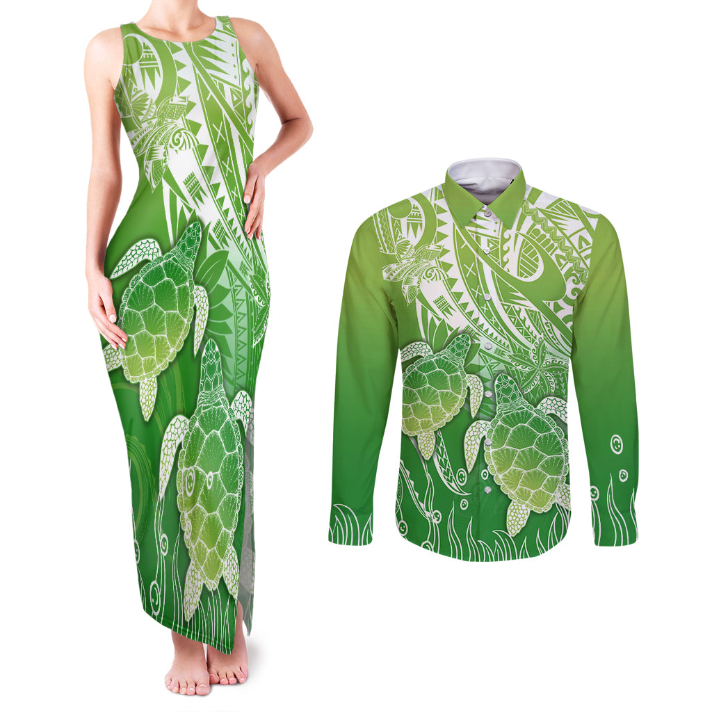 Polynesia Sea Turtle Couples Matching Tank Maxi Dress and Long Sleeve Button Shirt Happy Valentine Day Polynesian - Green LT14 Green - Polynesian Pride