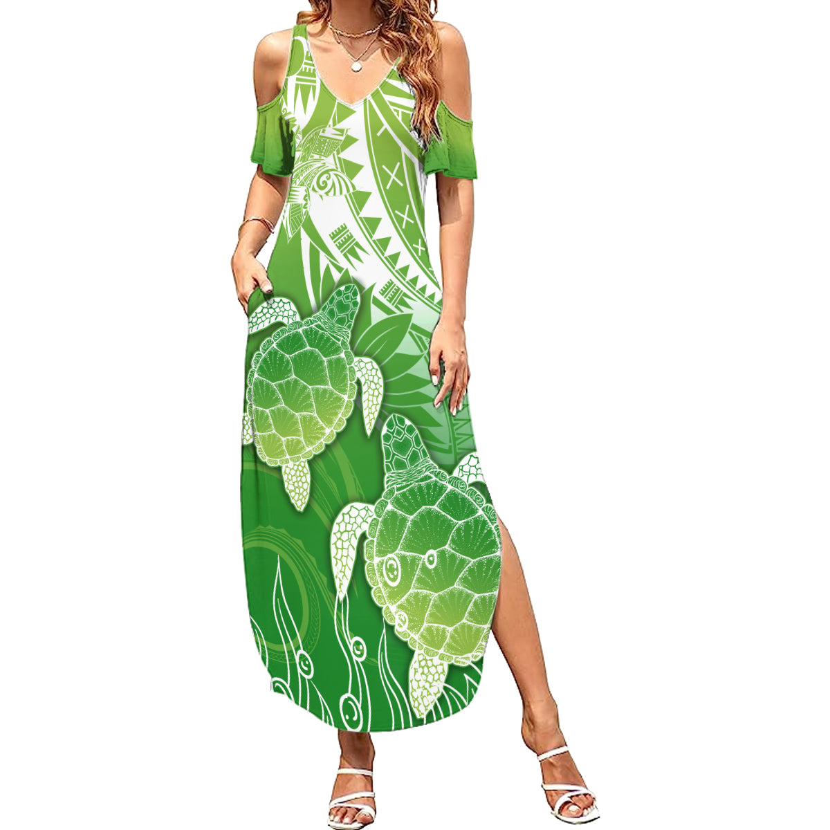 Polynesia Sea Turtle Family Matching Summer Maxi Dress and Hawaiian Shirt Happy Valentine Day Polynesian - Green LT14 Mom's Dress Green - Polynesian Pride