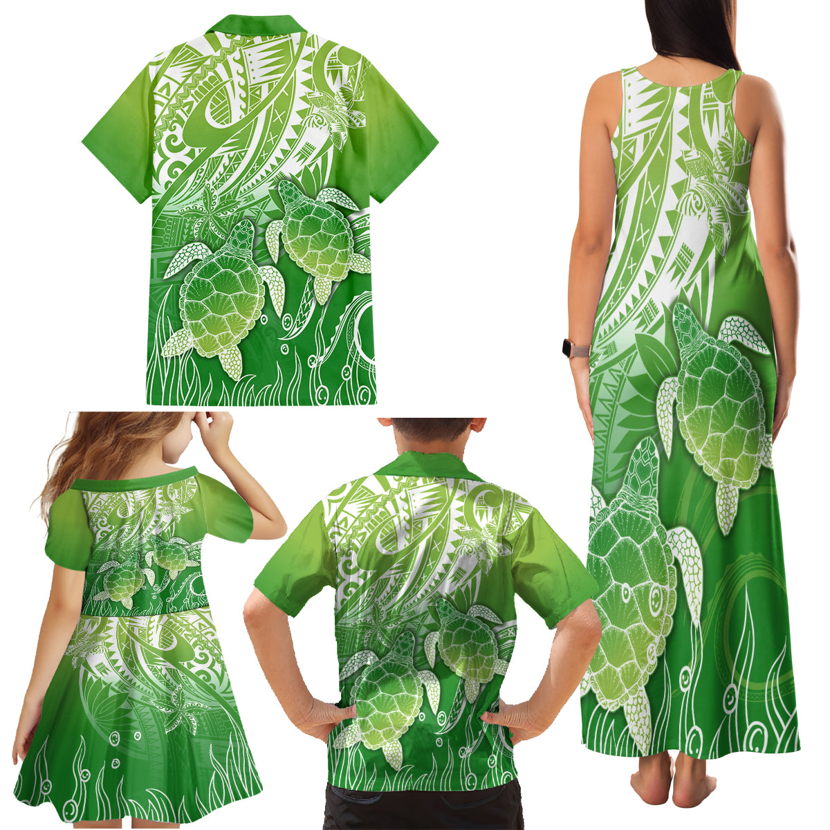 Polynesia Sea Turtle Family Matching Tank Maxi Dress and Hawaiian Shirt Happy Valentine Day Polynesian - Green LT14 - Polynesian Pride