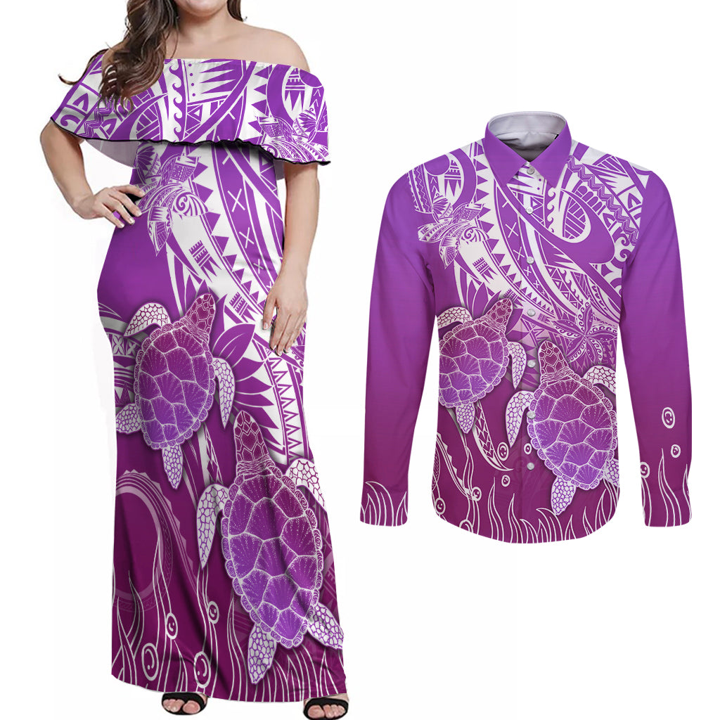 Polynesia Valentine Day Couples Matching Off Shoulder Maxi Dress and Long Sleeve Button Shirt Polynesian Sea Turtle Purple Version LT14 Purple - Polynesian Pride