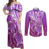 Polynesia Valentine Day Couples Matching Off Shoulder Maxi Dress and Long Sleeve Button Shirt Polynesian Sea Turtle Purple Version LT14 Purple - Polynesian Pride