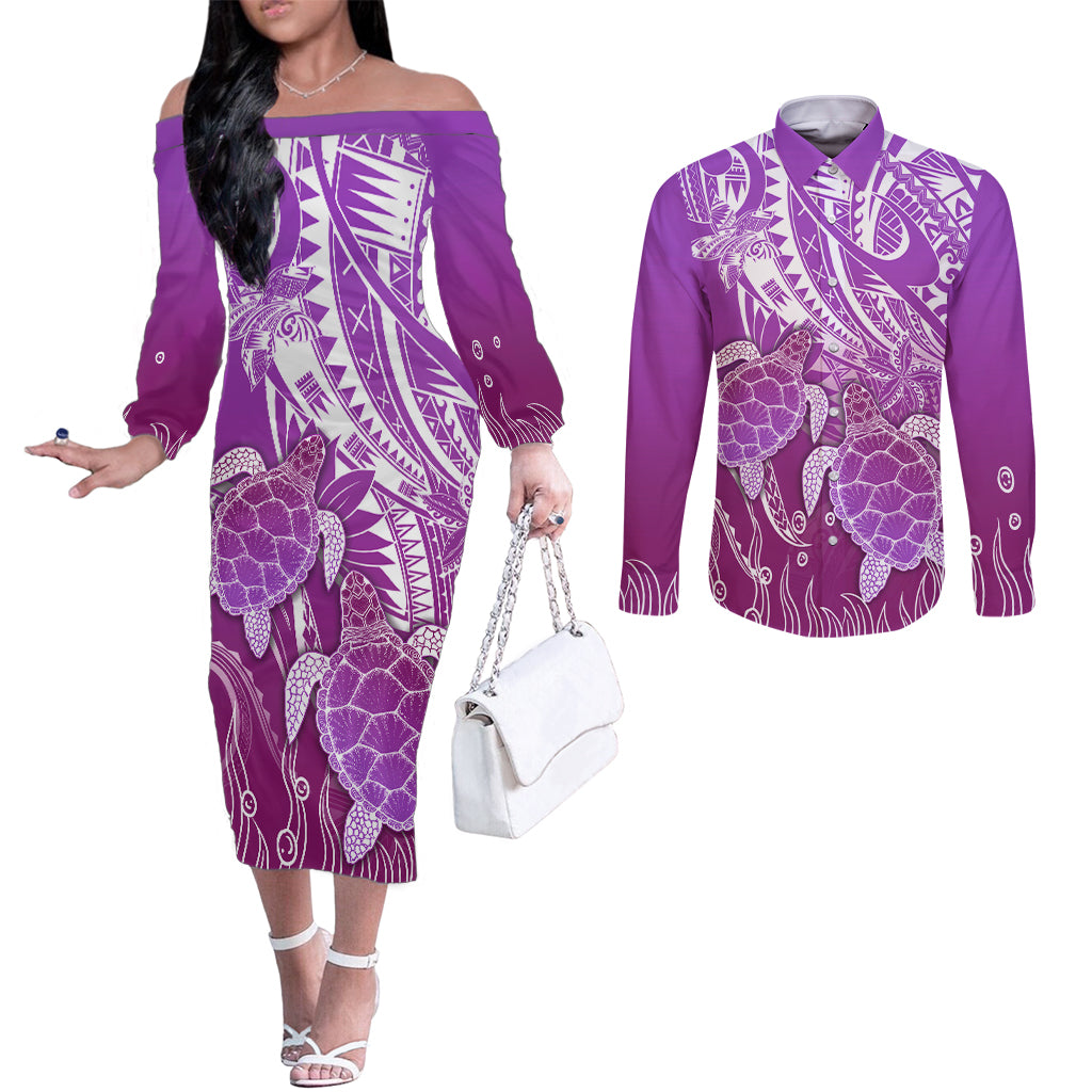 Polynesia Valentine Day Couples Matching Off The Shoulder Long Sleeve Dress and Long Sleeve Button Shirt Polynesian Sea Turtle Purple Version LT14 Purple - Polynesian Pride