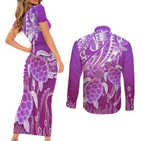 Polynesia Valentine Day Couples Matching Short Sleeve Bodycon Dress and Long Sleeve Button Shirt Polynesian Sea Turtle Purple Version LT14 - Polynesian Pride