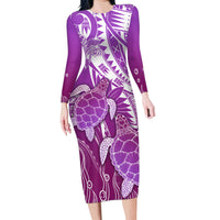 Polynesia Valentine Day Family Matching Long Sleeve Bodycon Dress and Hawaiian Shirt Polynesian Sea Turtle Purple Version LT14 Mom's Dress Purple - Polynesian Pride