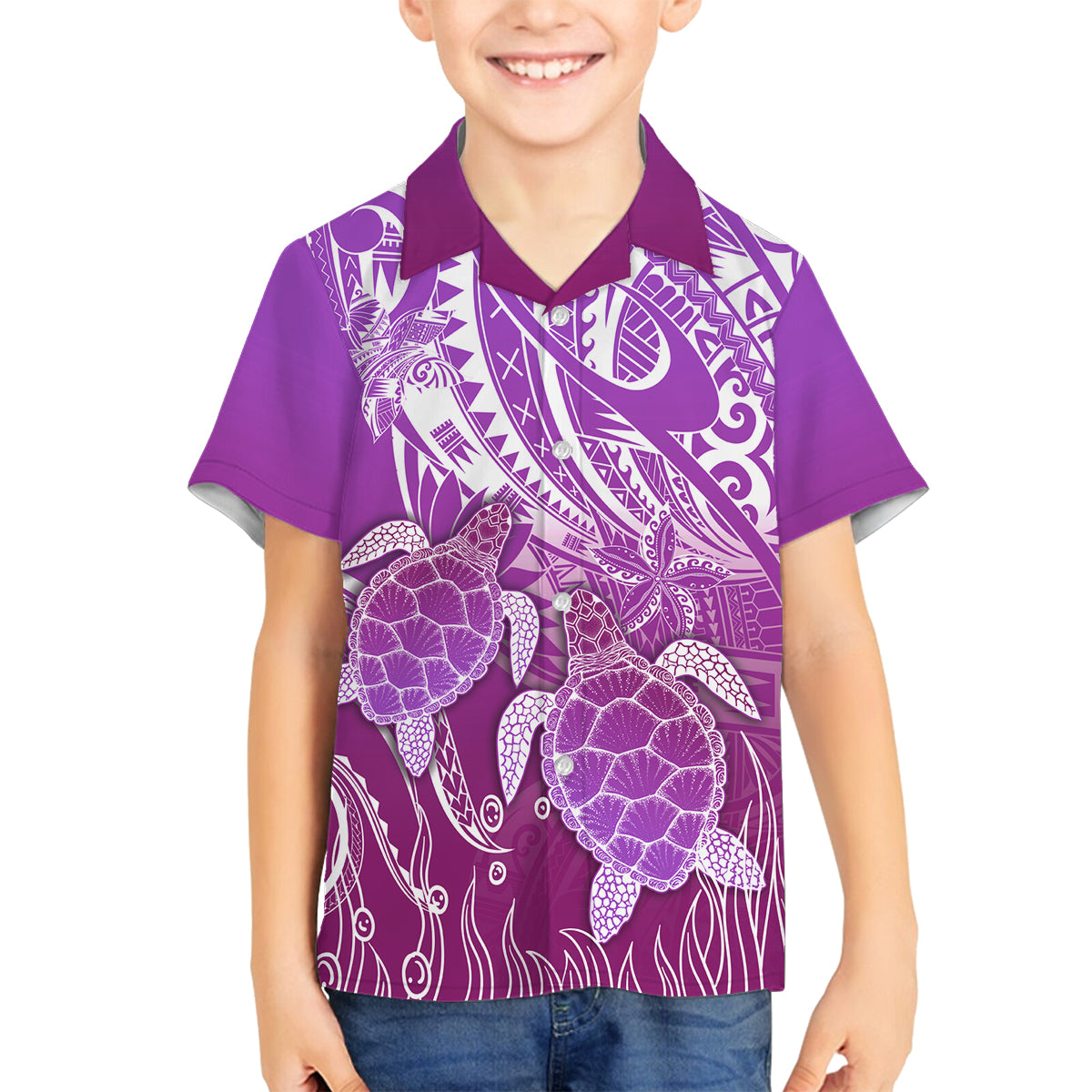 Polynesia Valentine Day Family Matching Long Sleeve Bodycon Dress and Hawaiian Shirt Polynesian Sea Turtle Purple Version LT14 Son's Shirt Purple - Polynesian Pride