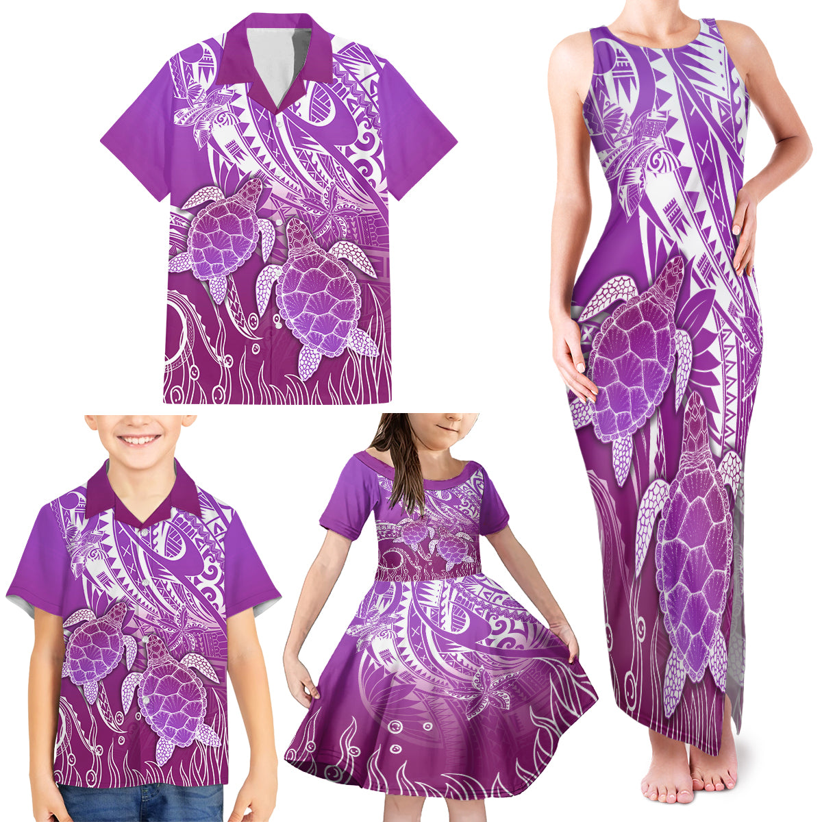 Polynesia Valentine Day Family Matching Tank Maxi Dress and Hawaiian Shirt Polynesian Sea Turtle Purple Version LT14 - Polynesian Pride