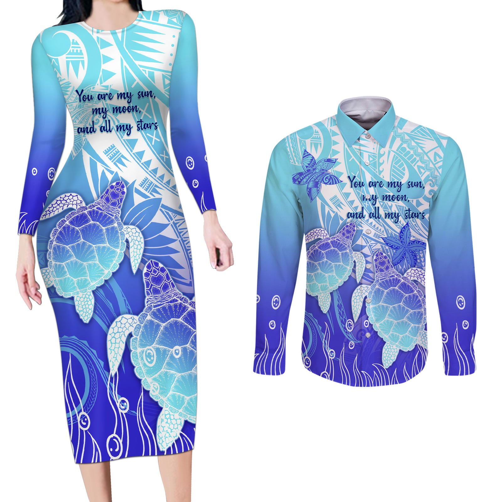 Polynesia Valentine Day Couples Matching Long Sleeve Bodycon Dress and Long Sleeve Button Shirt Polynesian Sea Turtle Turquoise Version LT14 Turquoise - Polynesian Pride