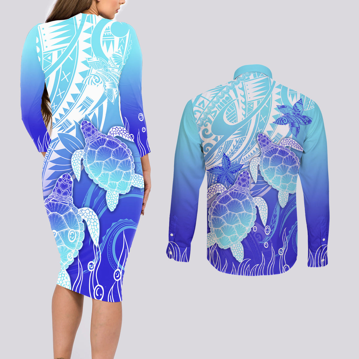 Polynesia Valentine Day Couples Matching Long Sleeve Bodycon Dress and Long Sleeve Button Shirt Polynesian Sea Turtle Turquoise Version LT14 - Polynesian Pride