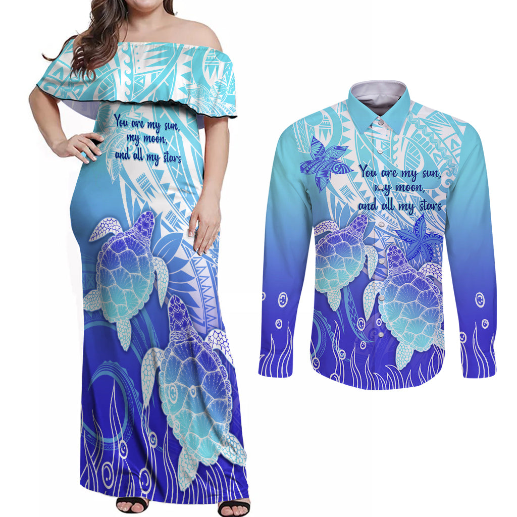 Polynesia Valentine Day Couples Matching Off Shoulder Maxi Dress and Long Sleeve Button Shirt Polynesian Sea Turtle Turquoise Version LT14 Turquoise - Polynesian Pride