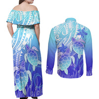 Polynesia Valentine Day Couples Matching Off Shoulder Maxi Dress and Long Sleeve Button Shirt Polynesian Sea Turtle Turquoise Version LT14 - Polynesian Pride